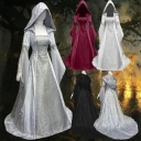 Simple medieval retro style wedding dress ladies solid color long-sleeved hooded waist dress