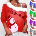 2021 European and American autumn new long-sleeved fur collar sling snowman Christmas print T-shirt women