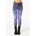 Starry Sky Digital Printing Flower Stars Light Purple Tight Sexy Bottom Pants