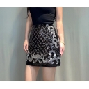 Fashion new everything match socialite temperament elegant heavy industry nail beads sequin plaid skirt A-line skirt