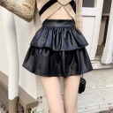 Apricot pleated PU leather skirt female spring and autumn new small puffy skirt high waist tall cake bag hip skirt