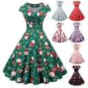 Christmas Outfit for Women, European and American Style, Square Neck, Padded Sleeves, Printed Retro Style, Full Skirt