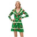 New European and American style sexy dress, Christmas dress, digital print V-neck autumn long-sleeved dress for women.