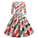 New Christmas Hot Selling Mid-Sleeve Elegant Retro Print A-Line Maxi Dress