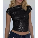European and American style sparkly T-shirt for women, new summer style, sexy backless sequined round neck short sleeve slim fit top.