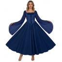 Renaissance-era women's pirate dress with slits and bell sleeves; medieval fairy dress.