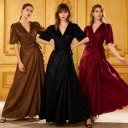 2025 New Arrival, In Stock, European and American Style Women's V-neck Tie-waist Slim Fit Suede Long Dress Coat/Performance Costume