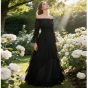 European and American court style off-shoulder long chiffon ruffled irregular dress banquet dress stage costume