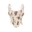 French printed bodysuit retro layered vest boned vest for women Jacquard straps boned body shaper