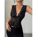 European and American 2025 spring and summer new women's slim flocking mesh black contrast lace V-neck vest top