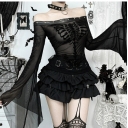 Dark Gothic style flocked skull print top 2025 new sexy slim fit trumpet sleeve top