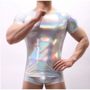 Gold-stamped patent leather youth men's vest nylon ice silk elastic stage performance close-fitting sleeved T-shirt