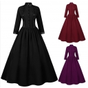 New Halloween medieval dress for women, stand-up collar, large regular hem, retro long dress
