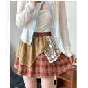 Retro style irregular plaid lace patchwork short skirt women's summer new style wasteland style casual slim A-line skirt