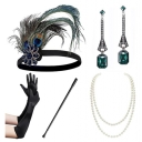 1980s Gatsby party dress and suit, green peacock feather headdress, and boutonniere headband accessories