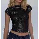 European and American style sparkly T-shirt for women, new summer style, sexy backless sequined round neck short sleeve slim fit top.