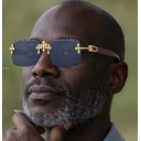 2025 New European and American Retro Frameless Sunglasses for Men - Diamond-Cut Edges, Faux Wood Grain Temples