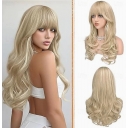 Blonde wig with bangs, wavy layered cut, natural and voluminous synthetic heat-resistant wig, everyday wear, 24 inches.