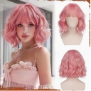 Short wavy golden chestnut brown wig, 12-inch bob with bangs, women's curly shoulder-length bob wig, everyday style.