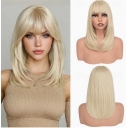 Golden bangs bob wig, shoulder-length, straight, natural-looking, synthetic, heat-resistant, European and American style, everyday headpiece for women.