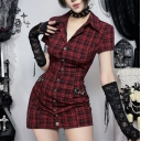 Dark-themed plaid shirt dress, 2026 new gothic style slim-fit retro punk short skirt for women.