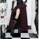 Dark-themed low-waisted high-slit plaid midi skirt, 2026 new gothic style sexy maxi skirt for women.