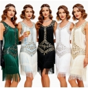 Plus-size sequined beaded dress, 1920s retro ball gown with tassels, cocktail party dress.