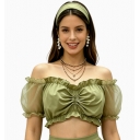 A mesh, puff-sleeved, off-the-shoulder cropped top that can be paired with a Dirndl skirt for a German Oktoberfest party outfit.