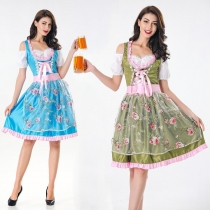 German Oktoberfest carnival costume beer gril blue and green two-color bar overalls women