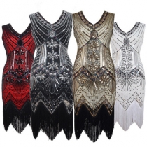 Retro style sequined beaded dress before and after V-neck fashion fringed dress AliExpress Amazon Explosion