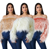 Explosive style European and American women's sexy word shoulder gradient color anti-long fur grass short top