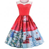 Hot selling sleeveless Christmas positioning print with waistline and slim dress in 4 patterns