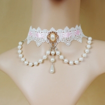 Bride and bridesmaid white pearl lace wear pink ribbon female necklace jewelry