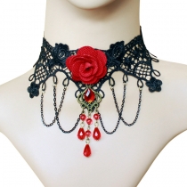 Vintage Black Lace Necklace Rose Red Crystal Necklace Female Accessories European and American Jewelry