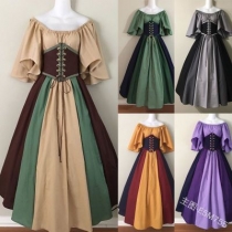 European and American medieval retro contrast color stitching flying sleeves lace-up waist big swing skirt one-shoulder dress dress female