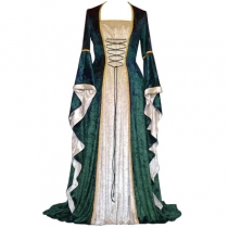 Gold velvet flared sleeves retro medieval European palace long and floor dress