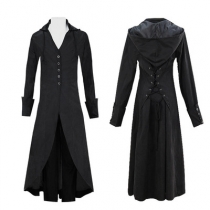 Medieval Renaissance holiday dress with buckle and straps Slim-fit hooded dovetail big swing solid color coat