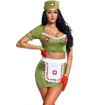 Halloween cosplay professional role nurse costume with fishnet stockings green split backless tight skirt