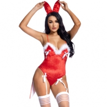 Cosplay plush red cute bunny girl costume sling open back deep V split swallowtail jumpsuit