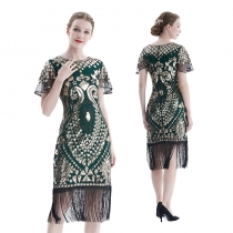 20's Party Gatsby Beaded Dress Retro Mesh Short Sleeve Sequined Fringe Ball Gown