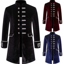 European and American men's coats solid color fashion steampunk retro velvet uniform stand collar