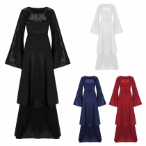 Halloween Costume Ladies Solid Color Vintage Flare Sleeve Renaissance Medieval Long Shoulder A-Line Dress