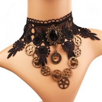 European and American retro steam engine gear series lace crystal women's necklace exaggerated jewelry