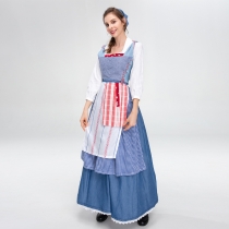 2022 new French blue plaid farm girl European and American pastoral style beer clothing national clothing set