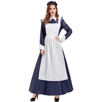 Dark blue long-sleeved European and American retro court maid dress Western house maid dress tea party party party dress