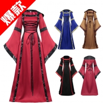 New European and American Medieval Retro Hooded Dress Square Neck Tie Flare Sleeves Large Swing Skirt