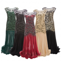 Explosive party deess annual meeting dinner long dress skirt 1920 retro sequins beaded mesh gauze lotus leaf