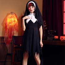 Halloween Horror Nun Reverse Cross Irregular Edge Elastic Dress Zombie Demon Cosplay Costume