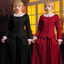 European and American foreign trade clothing 1830s style retro long skirt wine red black A-line long skirt staff uniform