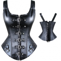 Palace sexy leather corset, belt with diamond buckle, black leather with wide shoulder straps